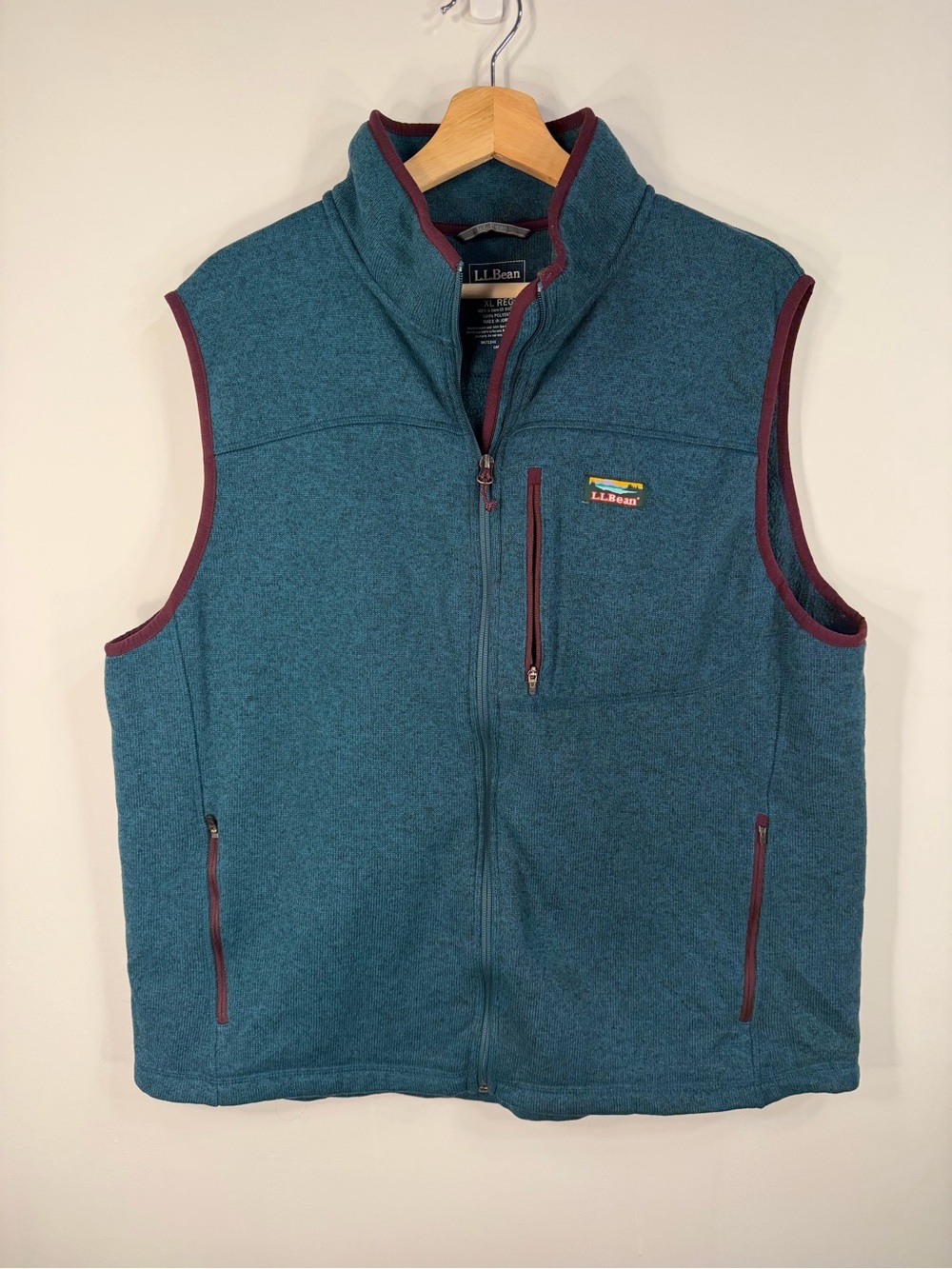 L.L. Bean Men's Teal Fleece Zip-Up Vest with Maroon Trim